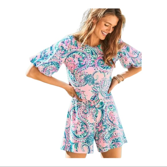 Lilly Pulitzer Britton Romper Pink Tropics Tint Tangerine Dream - Picture 6 of 11